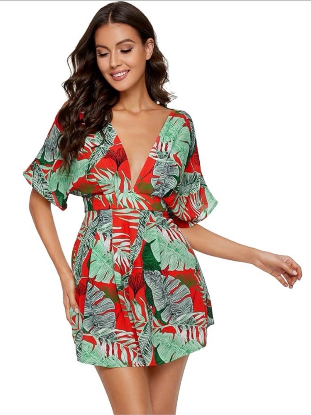 Tropical Floral Plunging V Neck Tie Open Back Dress